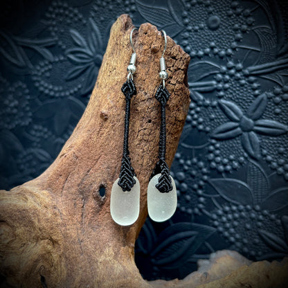 Macrame earrings with white Seaham sea glass