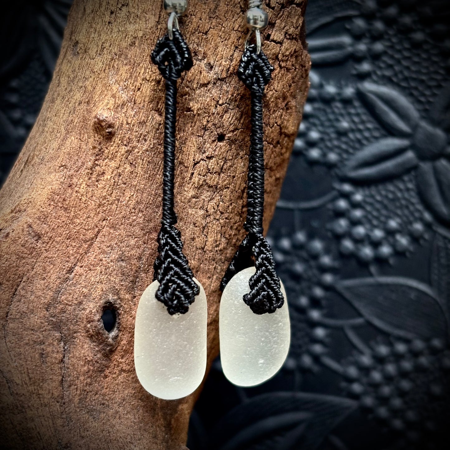 Macrame earrings with white Seaham sea glass