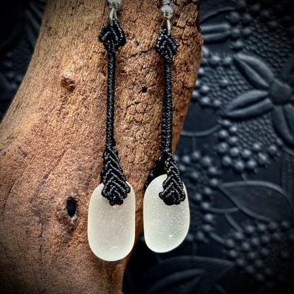 Macrame earrings with white Seaham sea glass