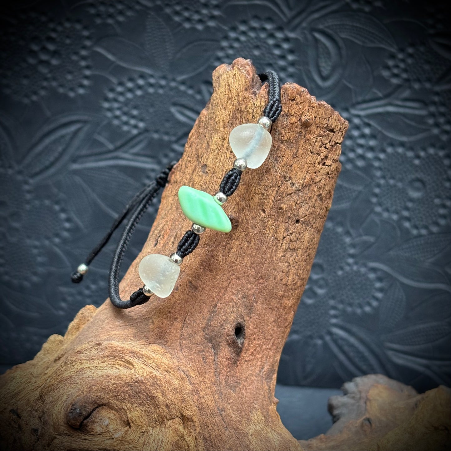 Macrame Bracelet - white & opaque turquoise Seaham Seaglass - 925 Sterling Silver