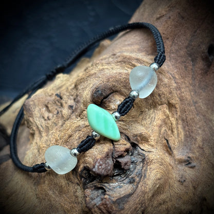 Macrame Bracelet - white & opaque turquoise Seaham Seaglass - 925 Sterling Silver