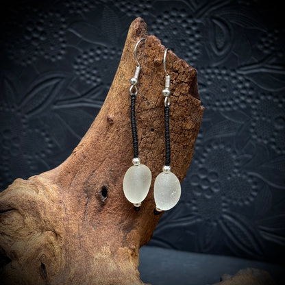Macrame earrings with white Seaham sea glass