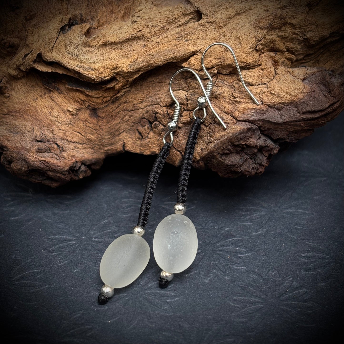 Macrame earrings with white Seaham sea glass