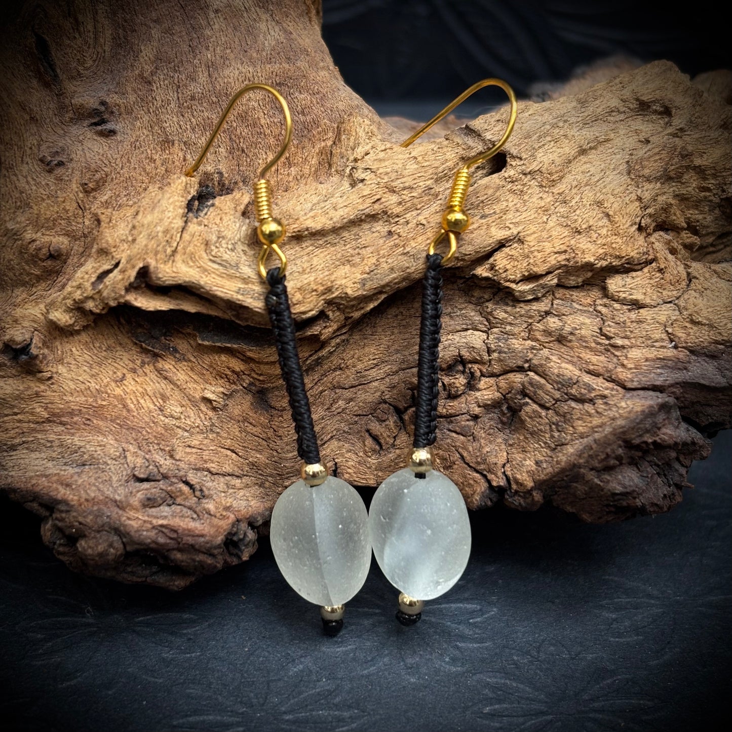 Macrame earrings with white Seaham sea glass