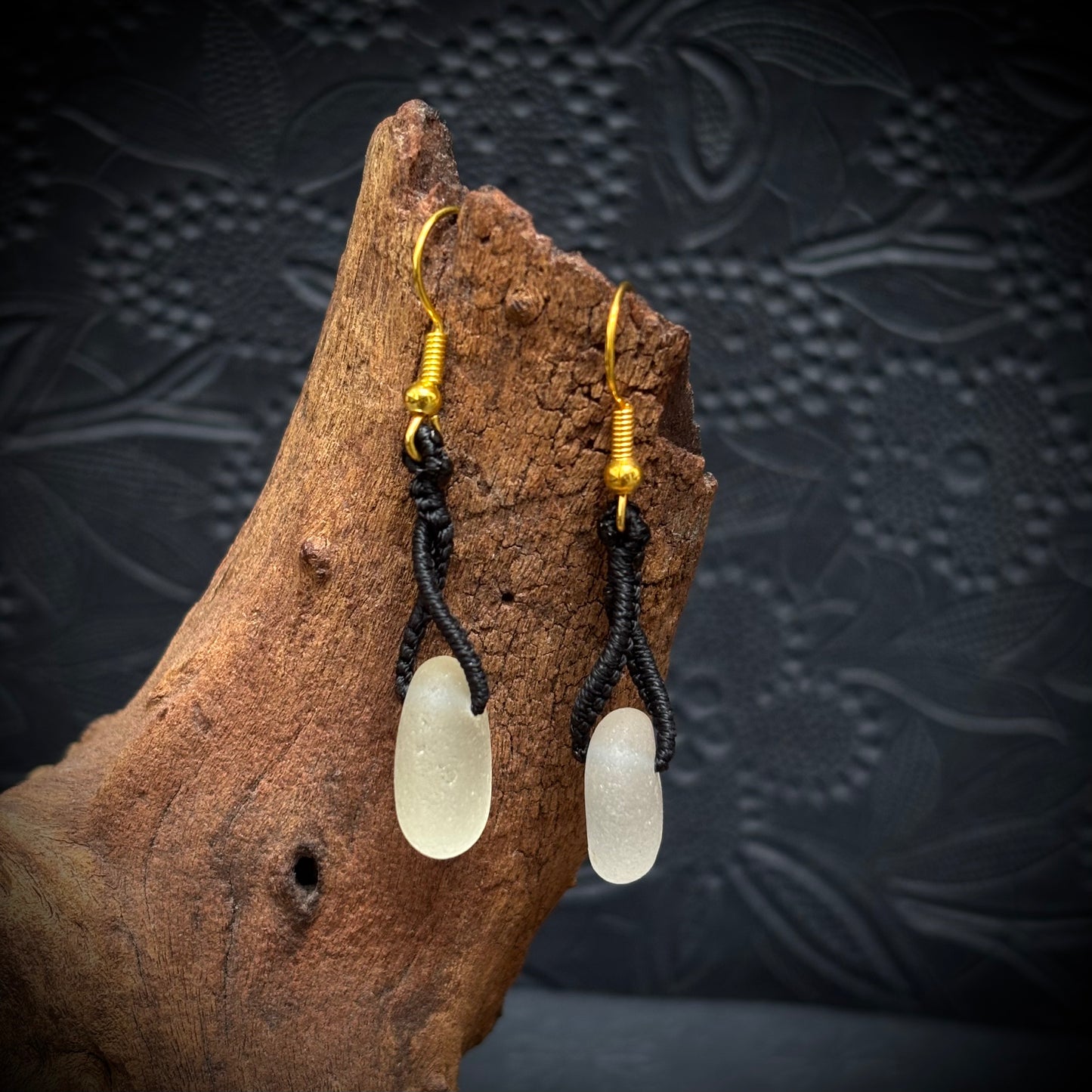 Macrame earrings with white Seaham sea glass