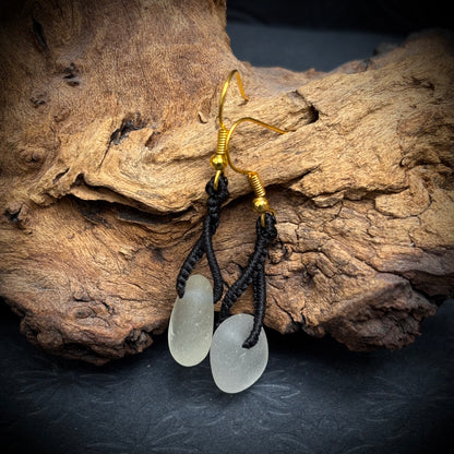 Macrame earrings with white Seaham sea glass