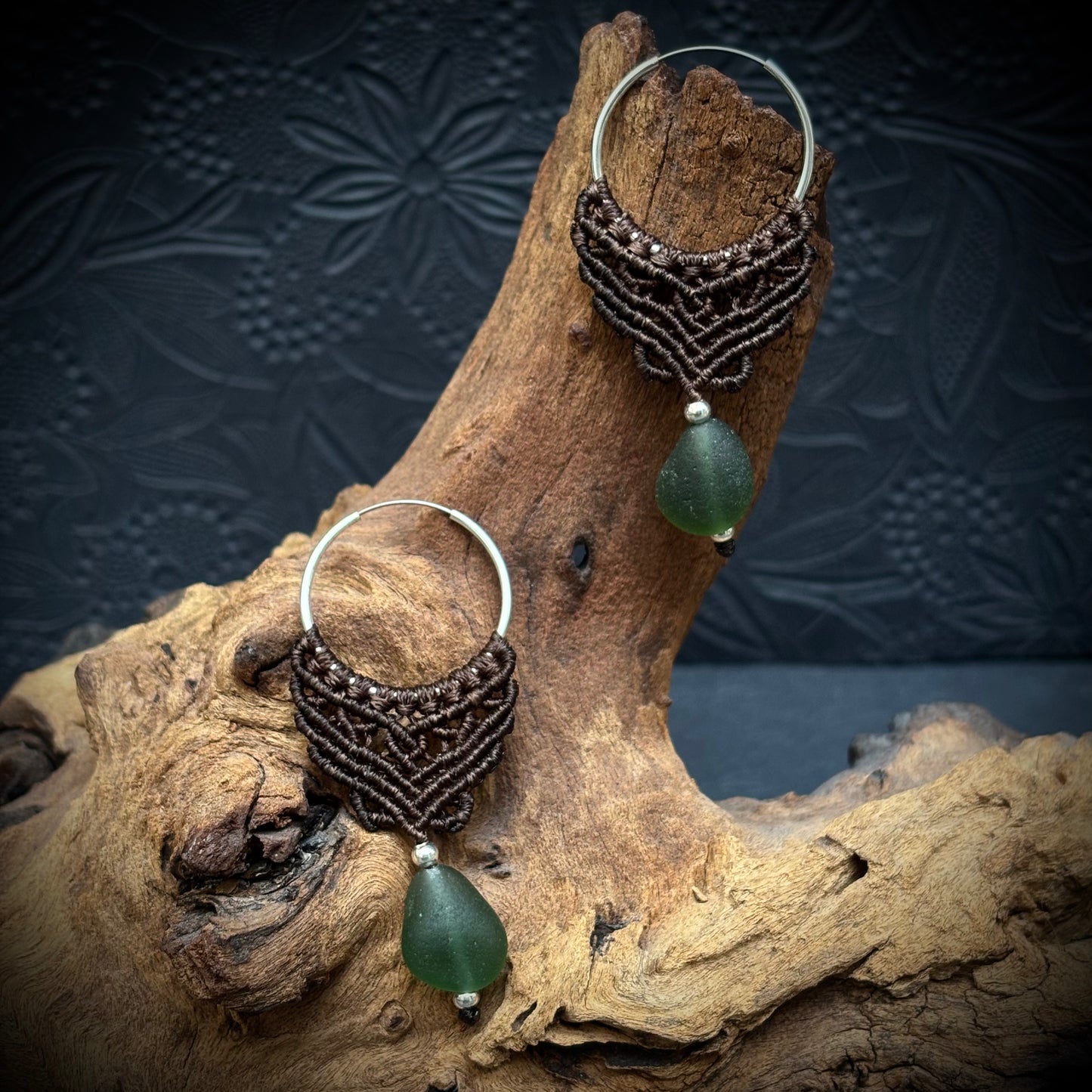Macrame Hoop Earrings with Green Seaham Sea Glass