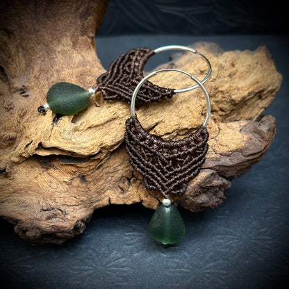 Macrame Hoop Earrings with Green Seaham Sea Glass