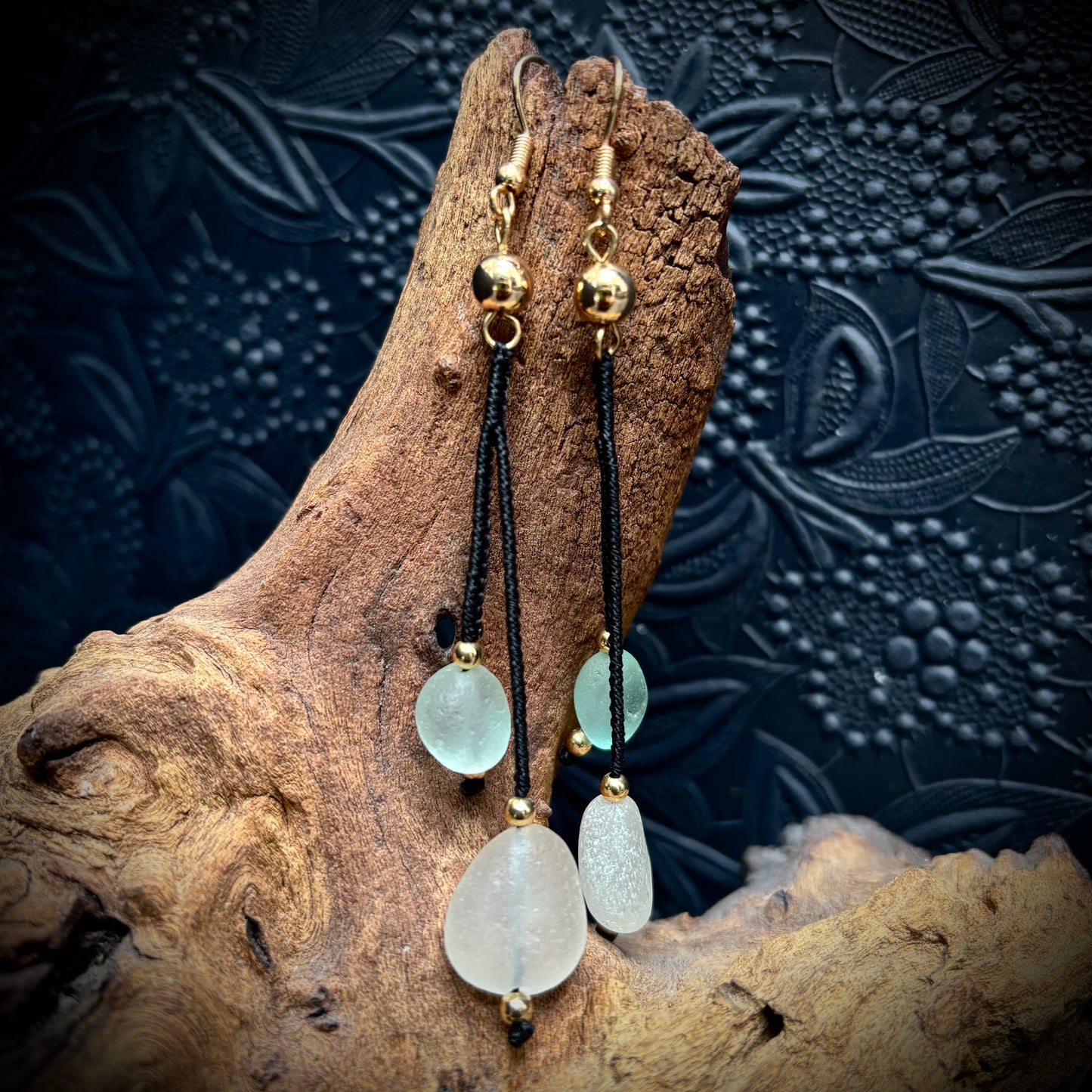 long macrame earrings - white and delicate blue Seaham sea glass