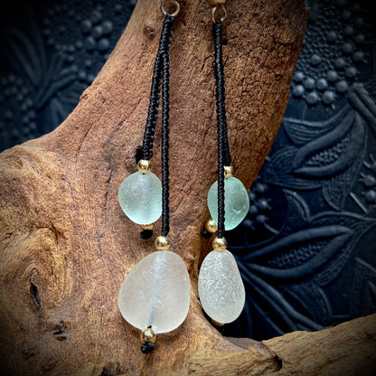 long macrame earrings - white and delicate blue Seaham sea glass