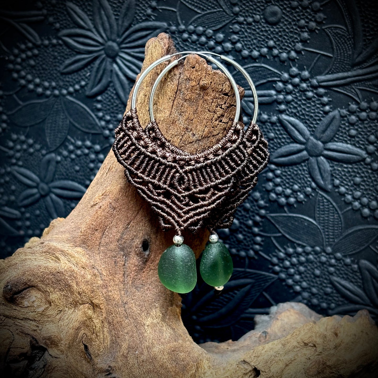 Macrame Hoops with Green Seaham Sea Glass