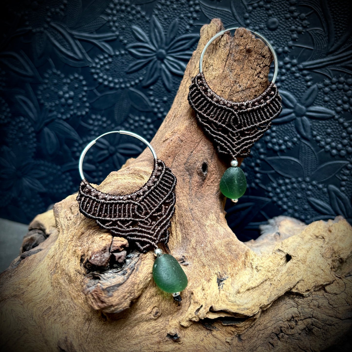Macrame Hoops with Green Seaham Sea Glass