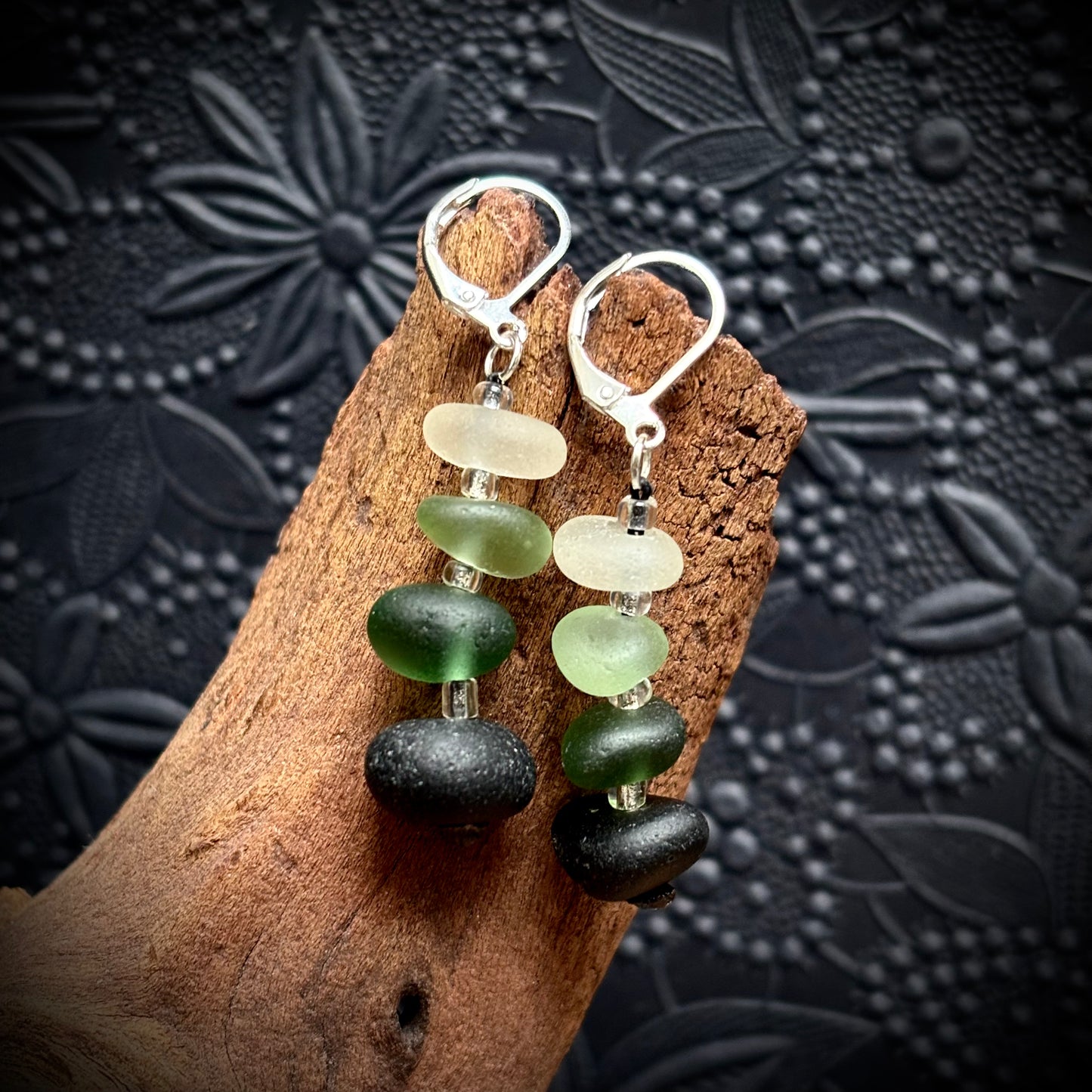 Macrame Earrings Ombre Look White Green Seaham Sea Glass
