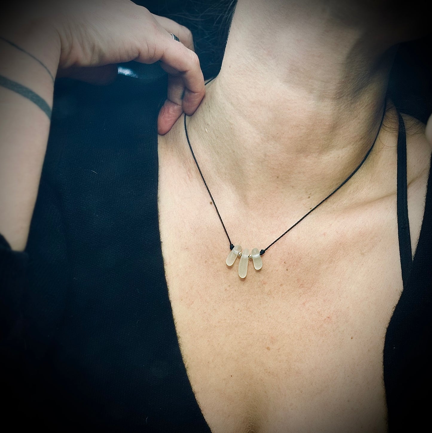Macrame Sea Glass Necklace – White Seaham Seaglass Trilogy - Gold-filled