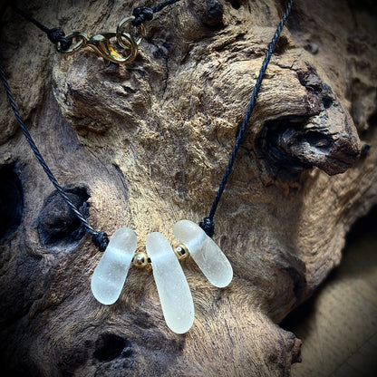 Macrame Sea Glass Necklace – White Seaham Seaglass Trilogy - Gold-filled