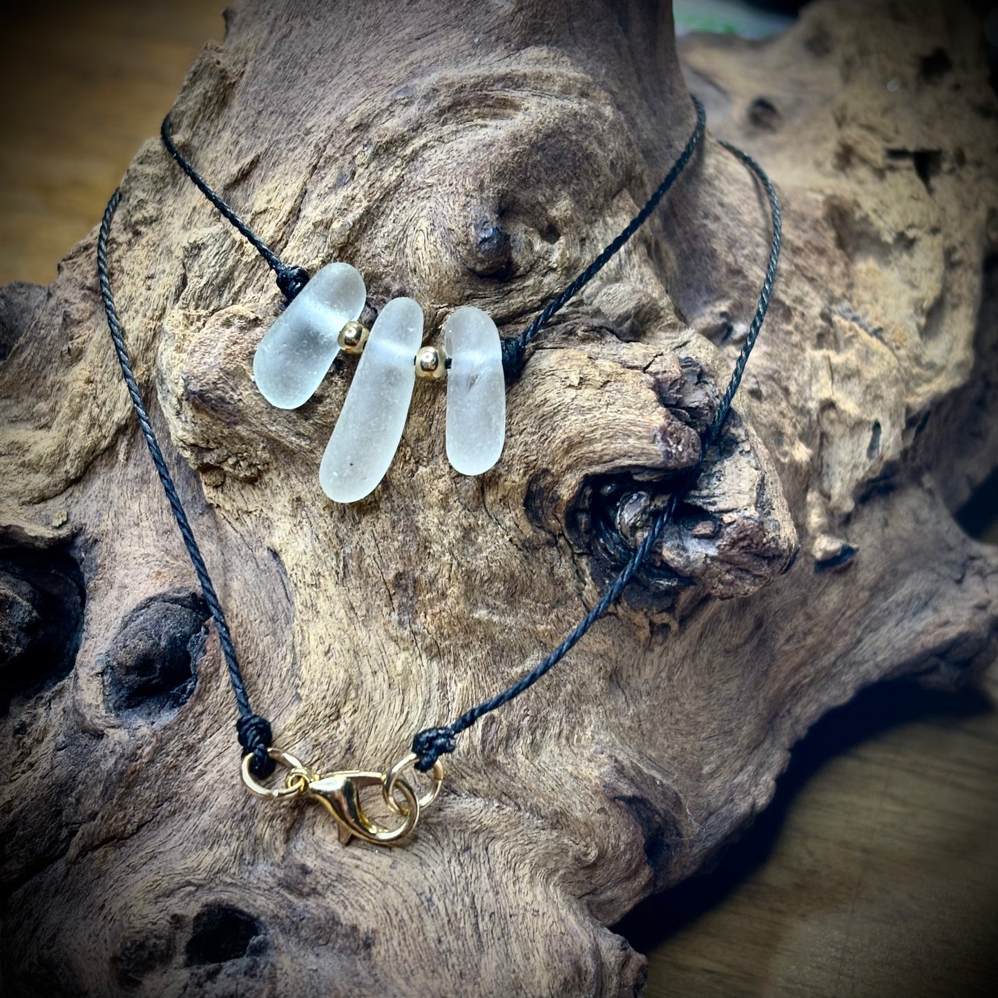 Macrame Sea Glass Necklace – White Seaham Seaglass Trilogy - Gold-filled