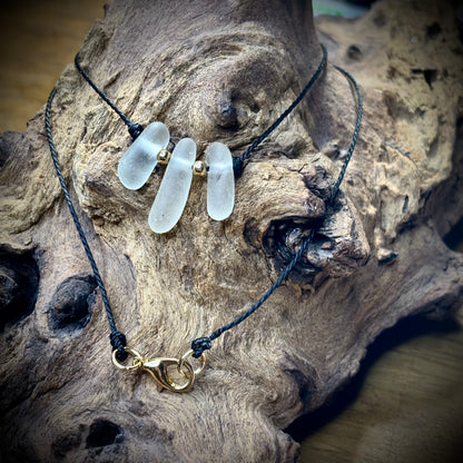 Macrame Sea Glass Necklace – White Seaham Seaglass Trilogy - Gold-filled