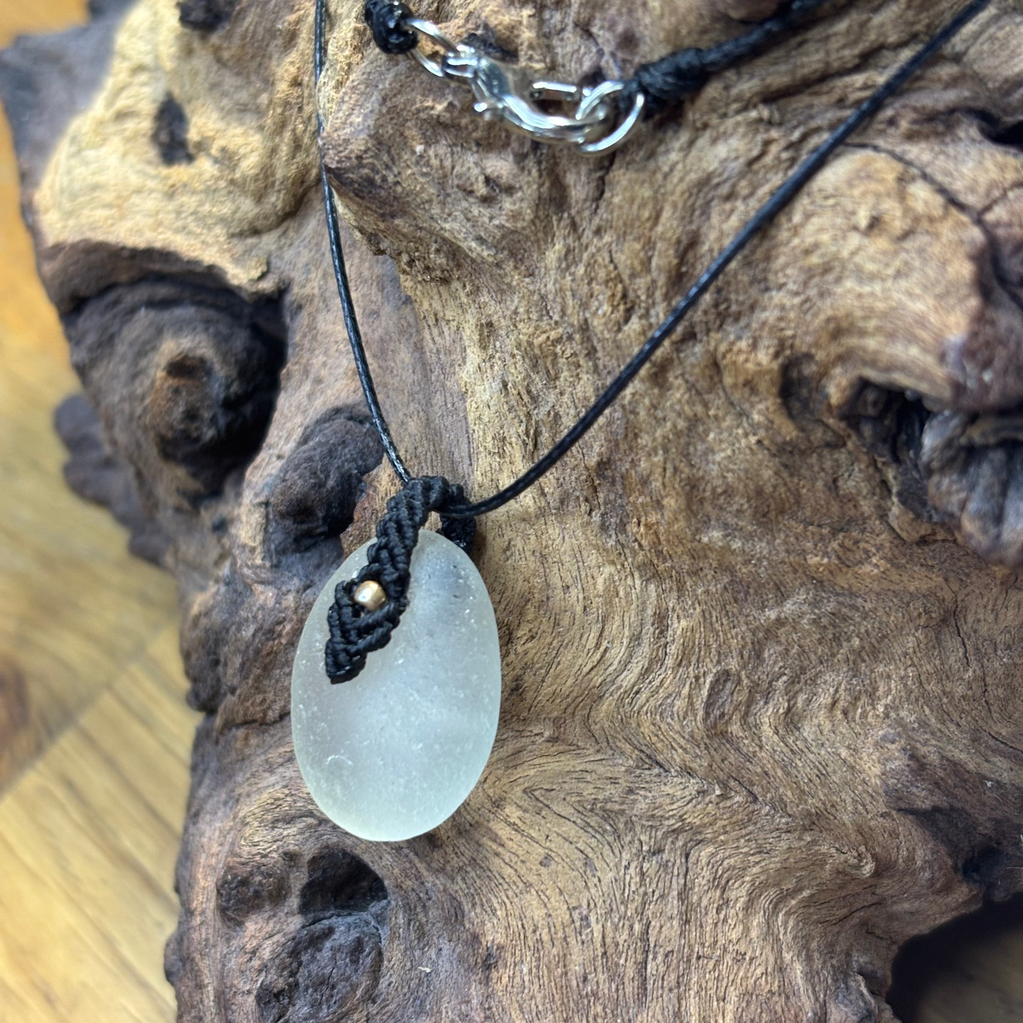 Macrame Sea Glass Necklace - White Seaham Seaglass