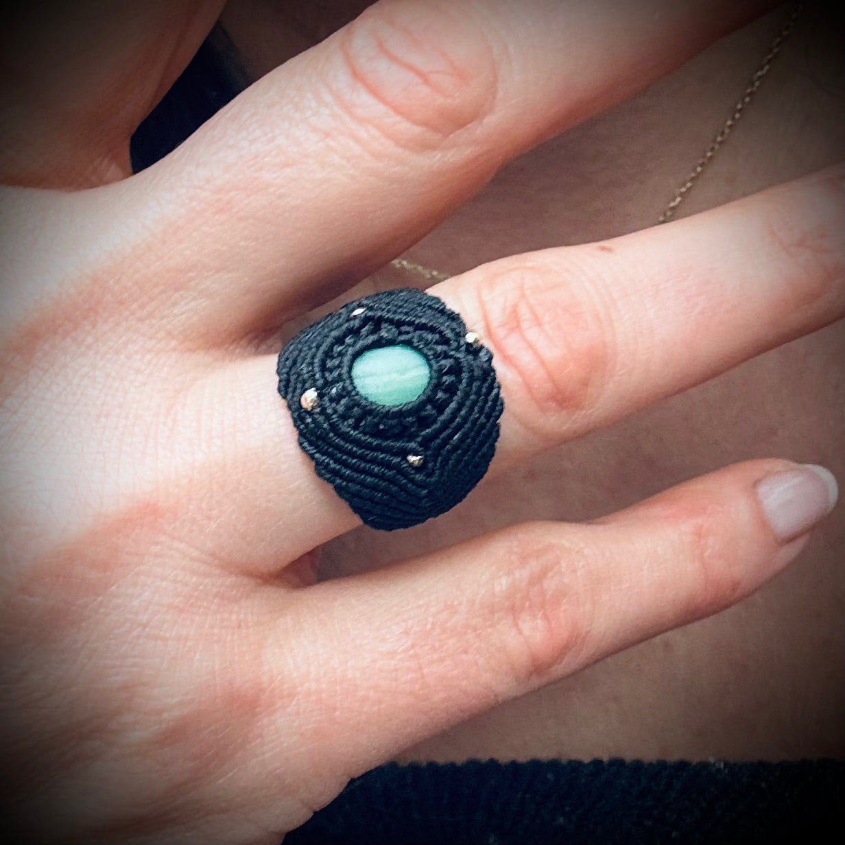 Macrame Sea Glass Ring - Opaque Turquoise Seaham Seaglass, 14K Gold