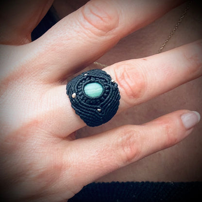Macrame Sea Glass Ring - Opaque Turquoise Seaham Seaglass, 14K Gold
