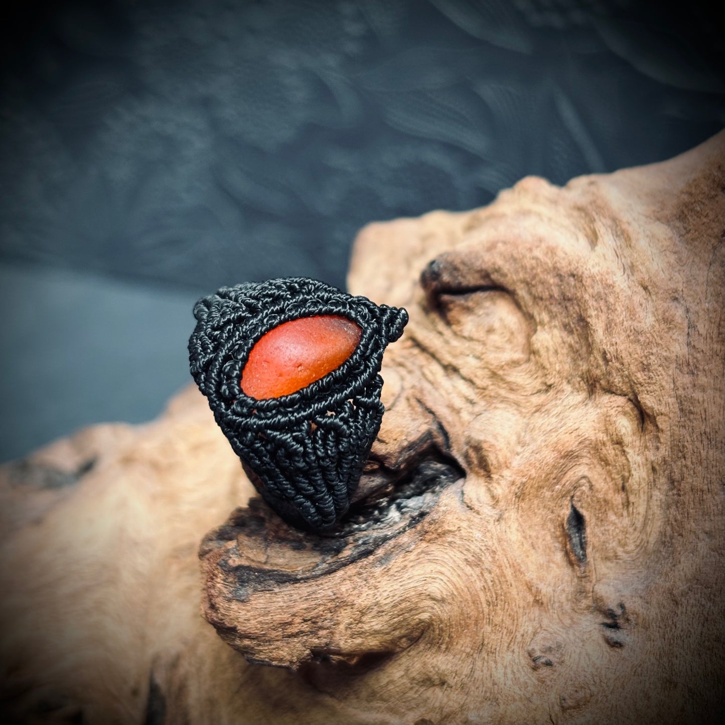 Macrame Sea Glass Ring - Orange Multi Seaham Seaglass