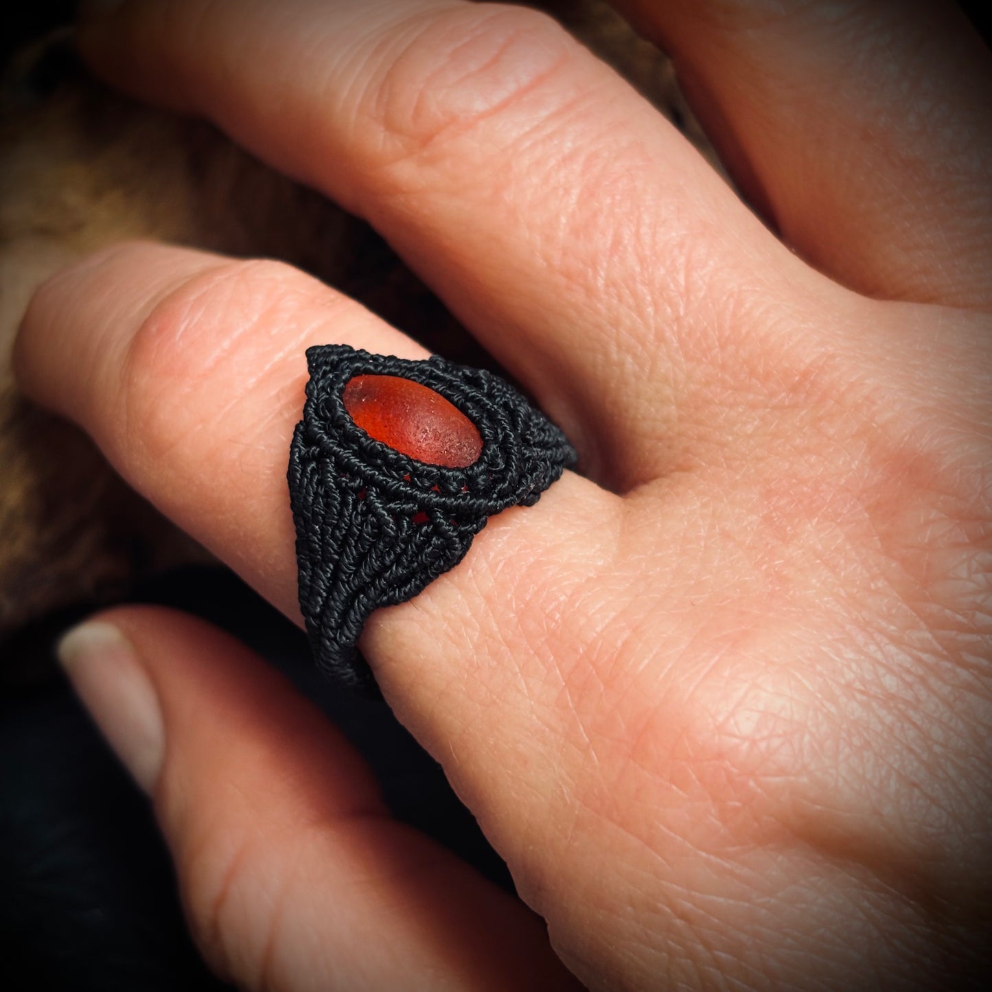 Macrame Sea Glass Ring - Orange Multi Seaham Seaglass