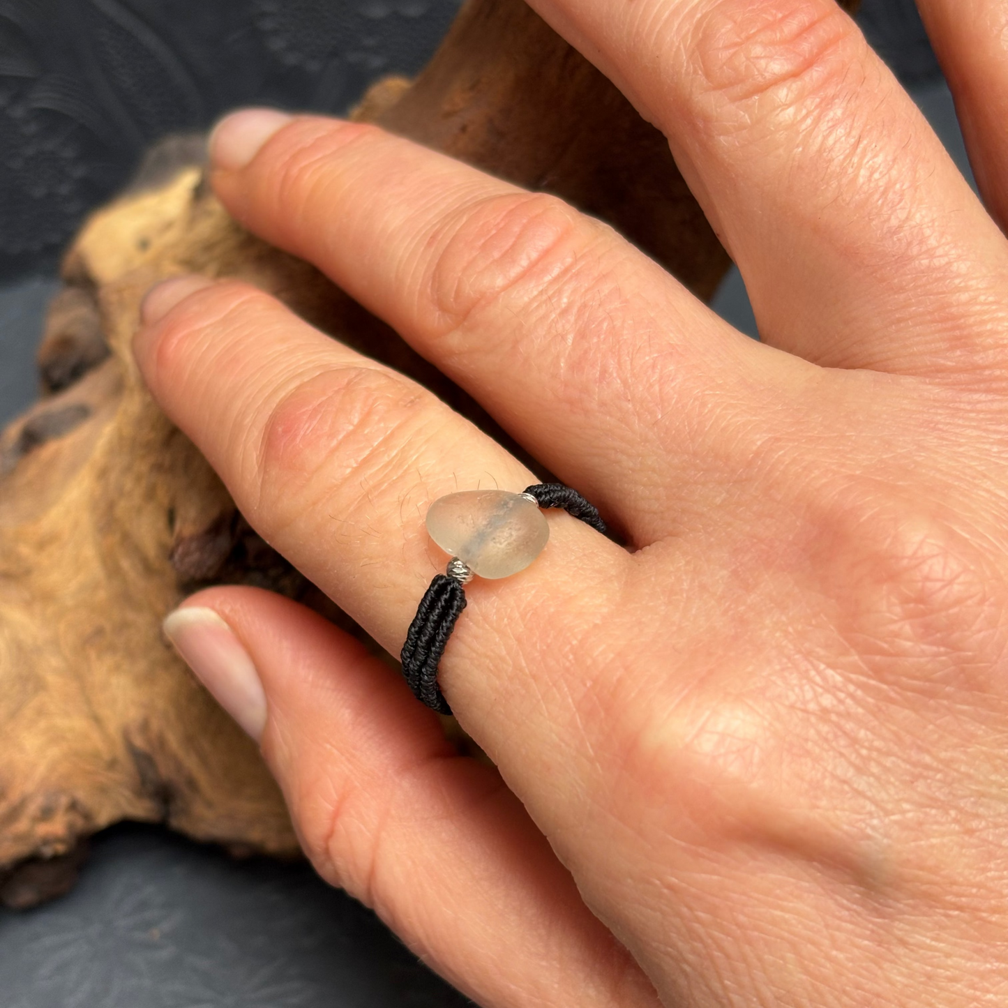 Macrame Sea Glass Ring - White Seaham Seaglass 925 Sterling Silver