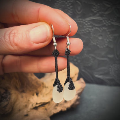 Macrame earrings with white Seaham sea glass