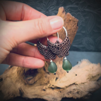 Macrame Hoop Earrings with Green Seaham Sea Glass